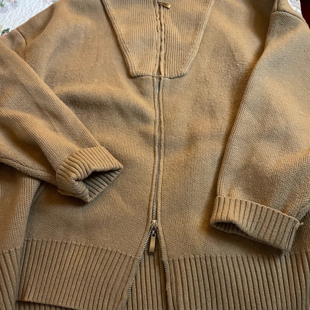 Commence Oversized Open Collar / Double Zip Cardigan.  Camel.  Size L